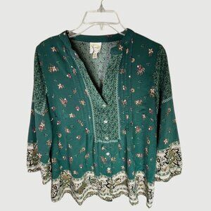 Fig and Flower Green Multicolor Mixed Print Popover Top - Size L